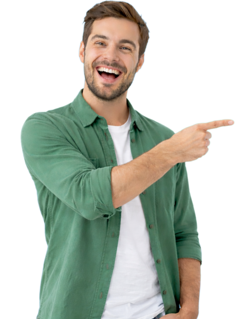 A happy man pointing toward the Vert Environmental referral rewards .