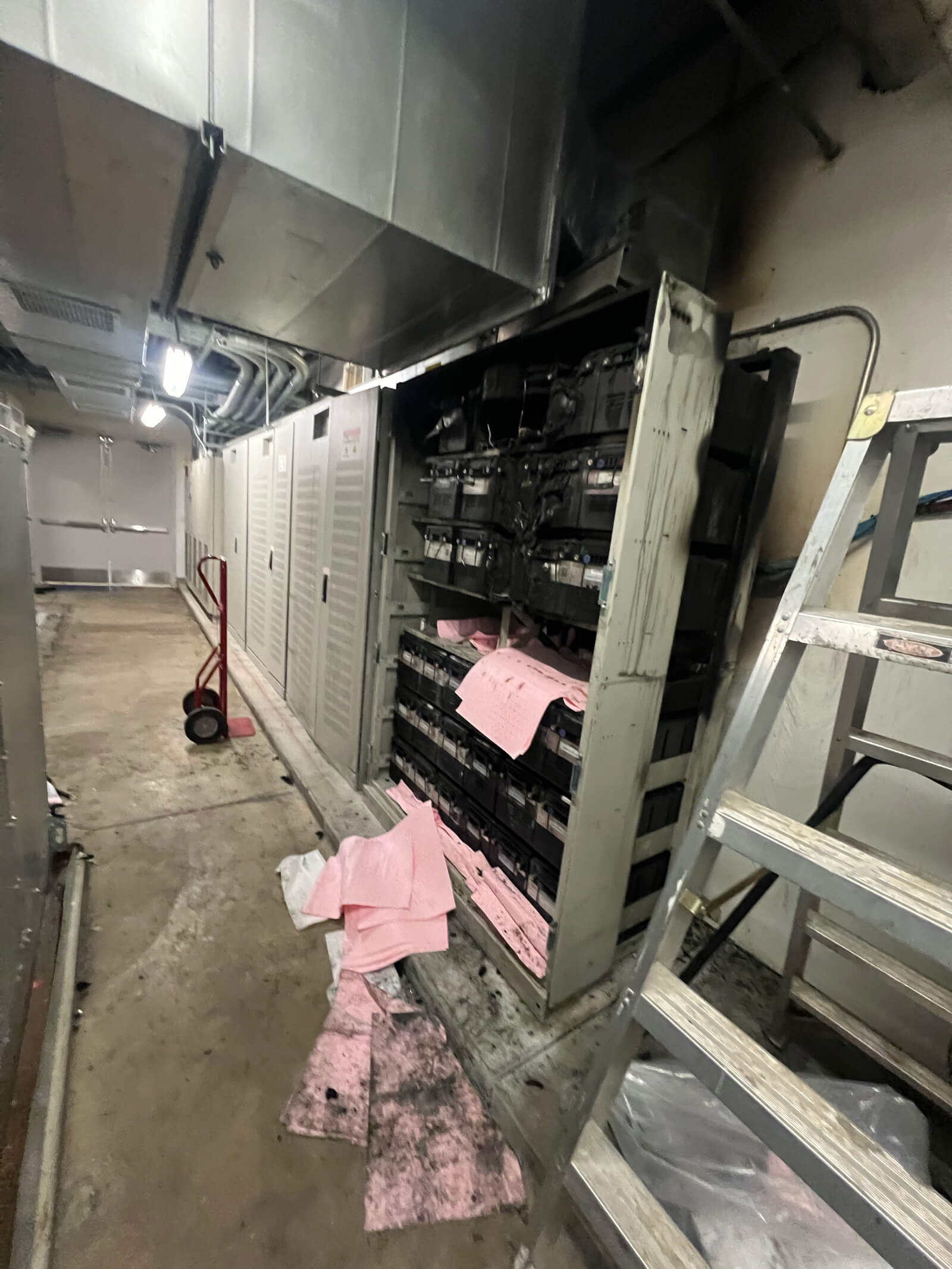 Assessment of a lithium-ion battery rack following combustion byproduct incidents.