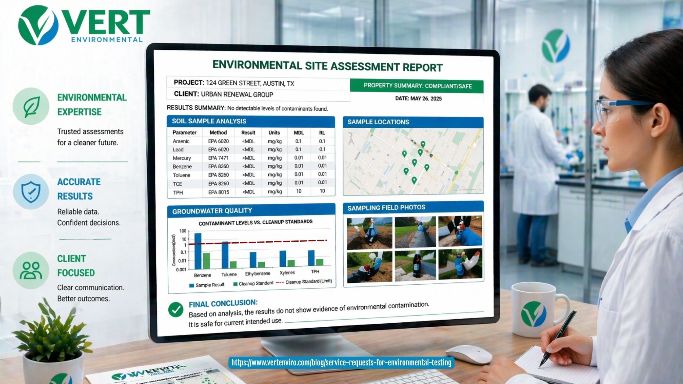 user-inserted Environmental site assessment report displayed on a monitor, showing detailed data on soil samples, groundwater quality, and contaminant levels. Vert Environmental provides trusted, accurate, and client-focused assessments to ensure environmental safety and compliance.