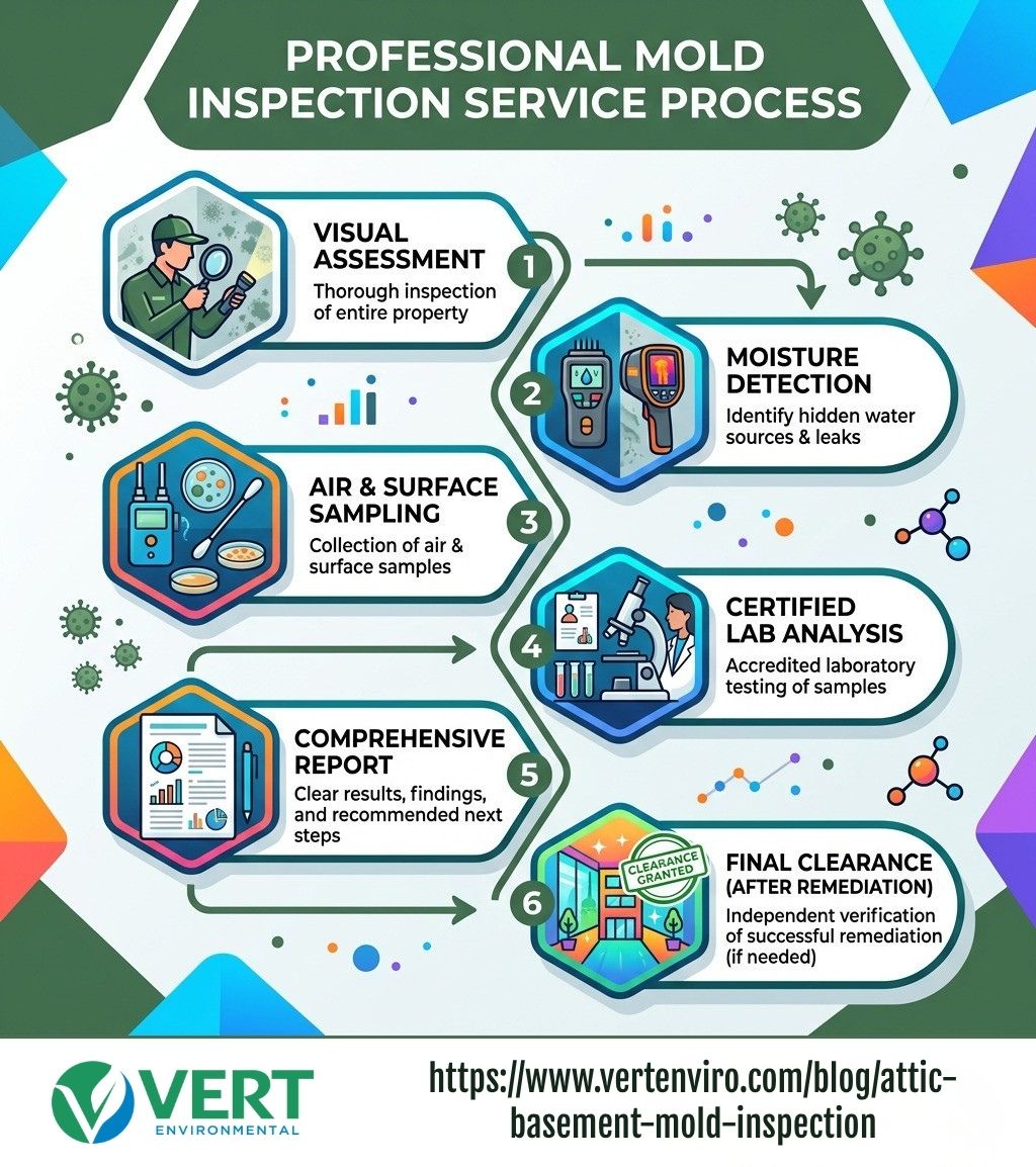 user-inserted Mold inspection service process infographic: steps from visual assessment to lab report and clearance - mold inspection