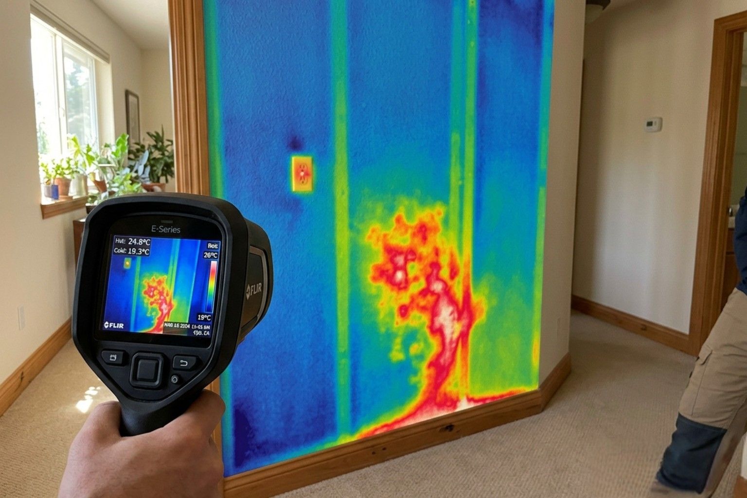 user-inserted Thermal imaging showing hidden water behind drywall in a California home - moisture mapping mold prevention