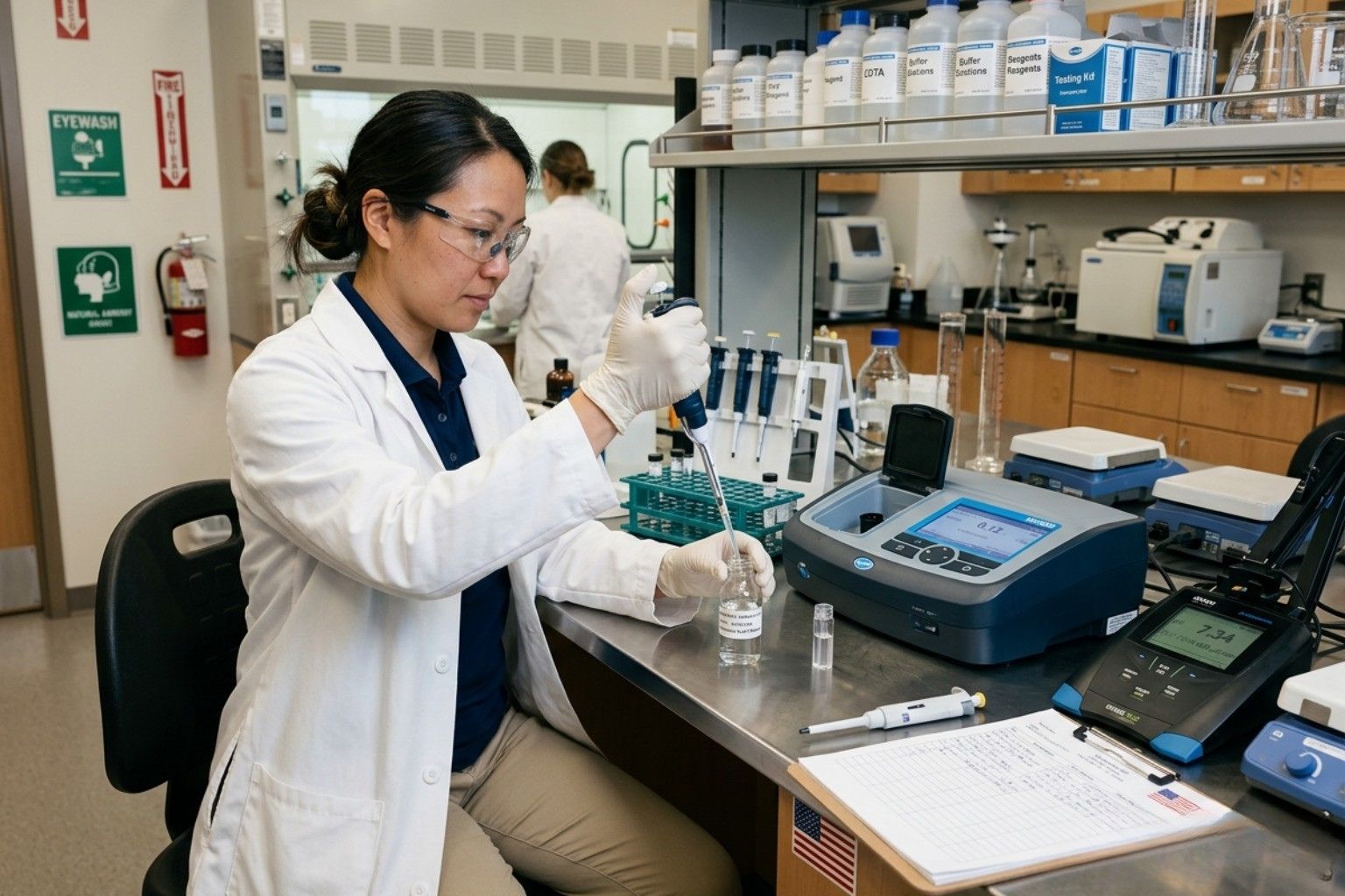 user-inserted Technician performing water quality analysis for compliance - environmental testing compliance