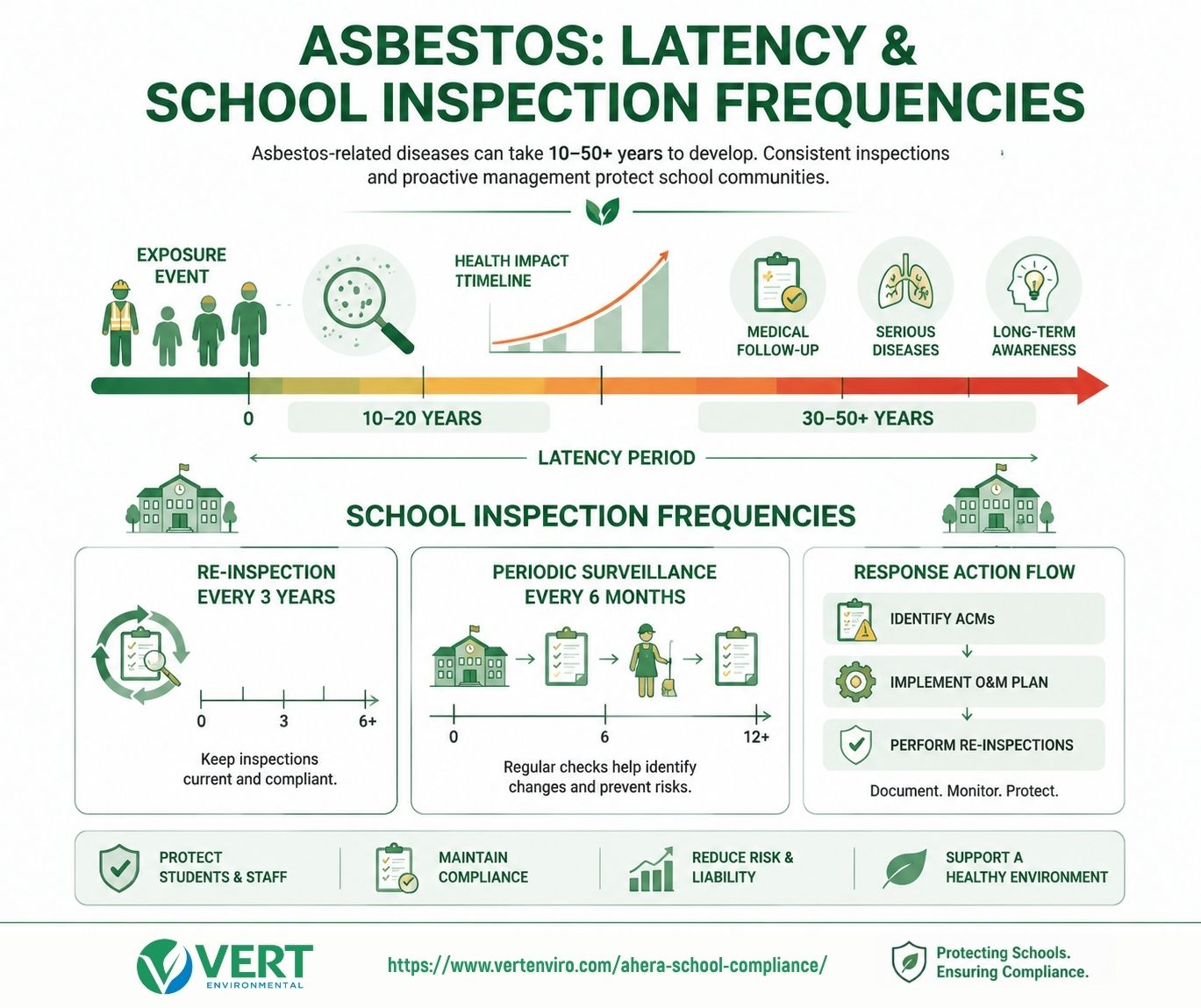 user-inserted Infographic showing asbestos latency and school inspection frequencies, illustrating exposure events, health impact timeline, 3-year re-inspection, 6-month periodic surveillance, and response actions to protect students and staff.