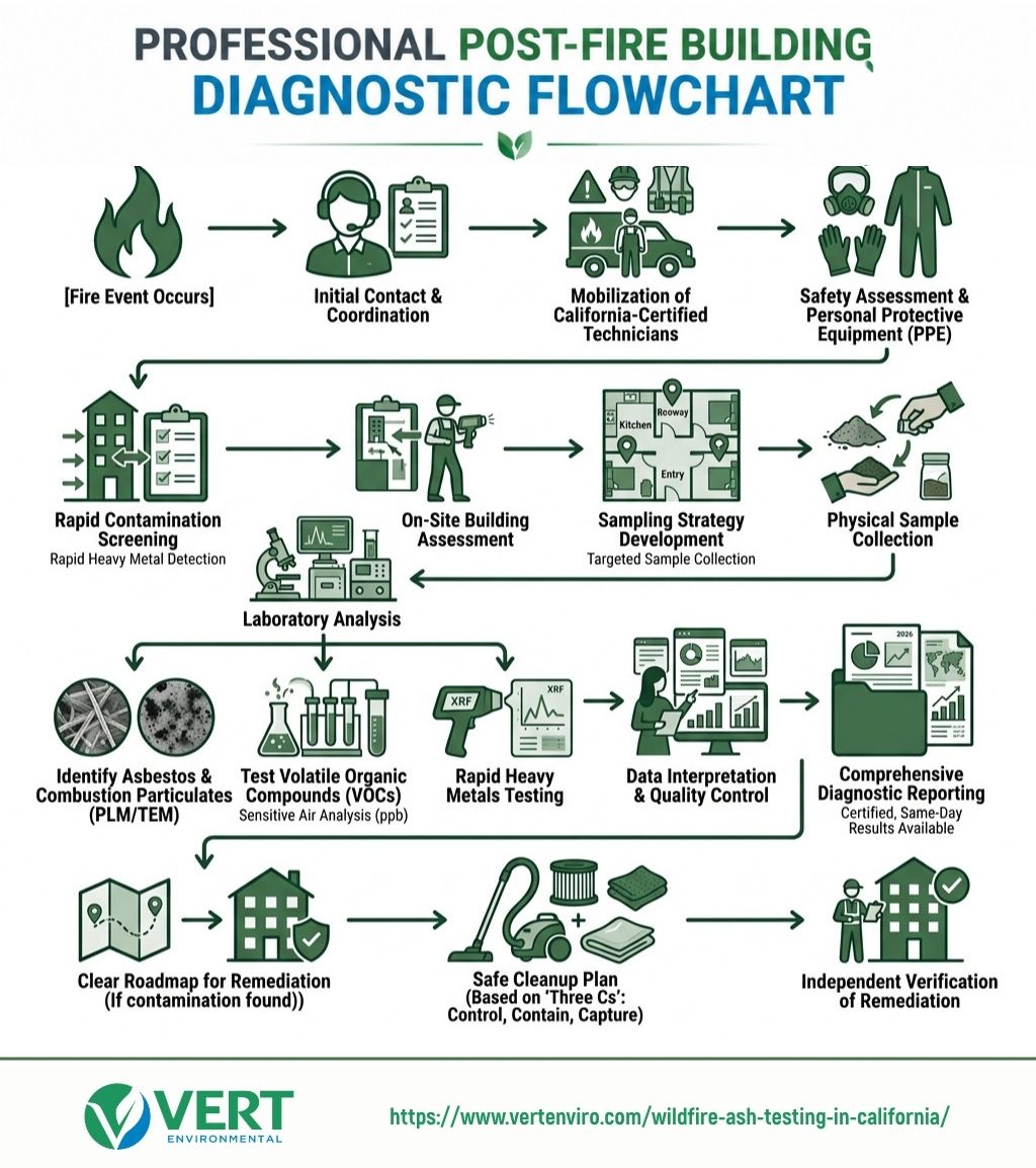 Detailed professional post-fire building diagnostic flowchart for wildfire testing. The steps include rapid contamination screening, on-site building assessment, laboratory analysis, data interpretation, and developing a safe cleanup plan for effective remediation verification.