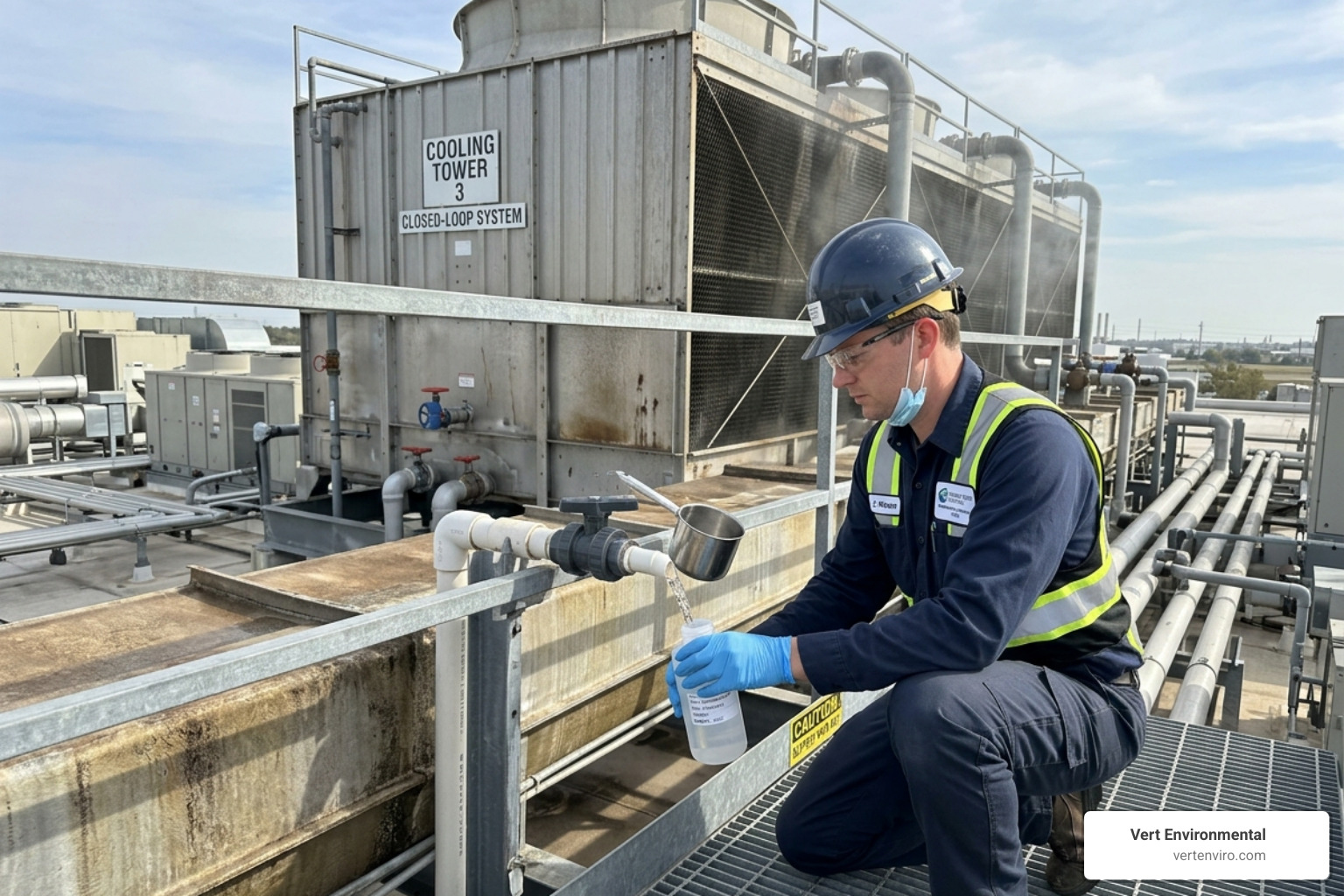 Legionella testing water sample collection from commercial cooling tower