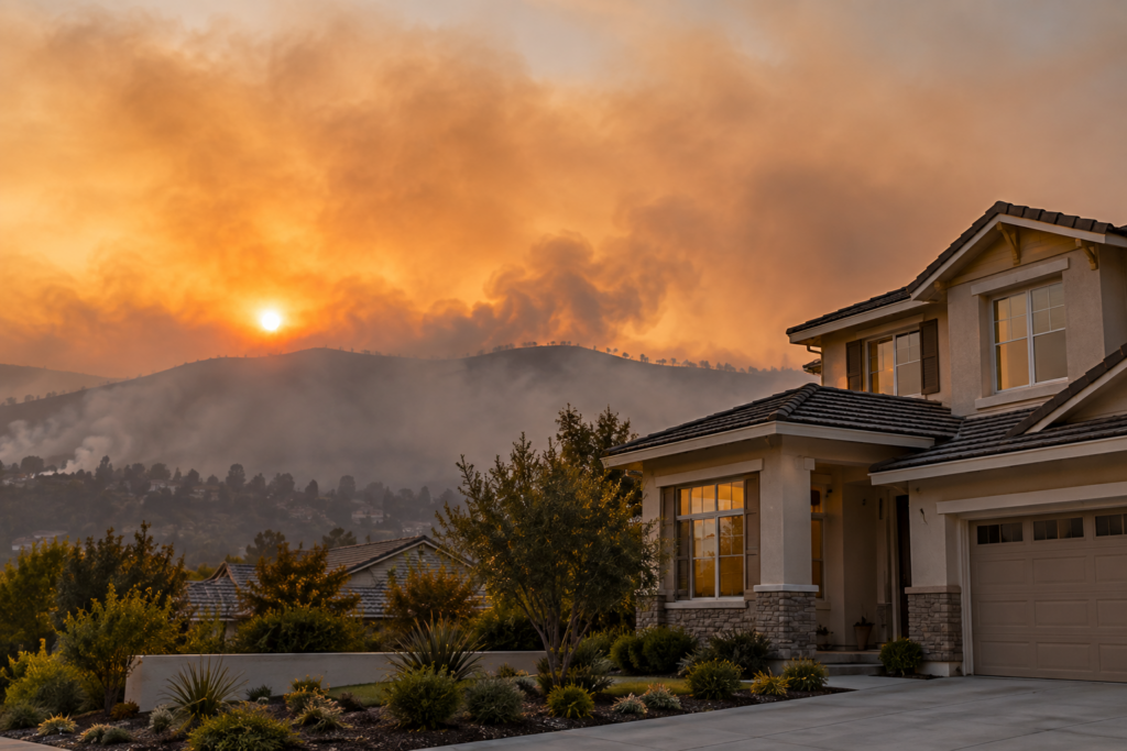 Smoke haze over a Southern California neighborhood after a wildfire