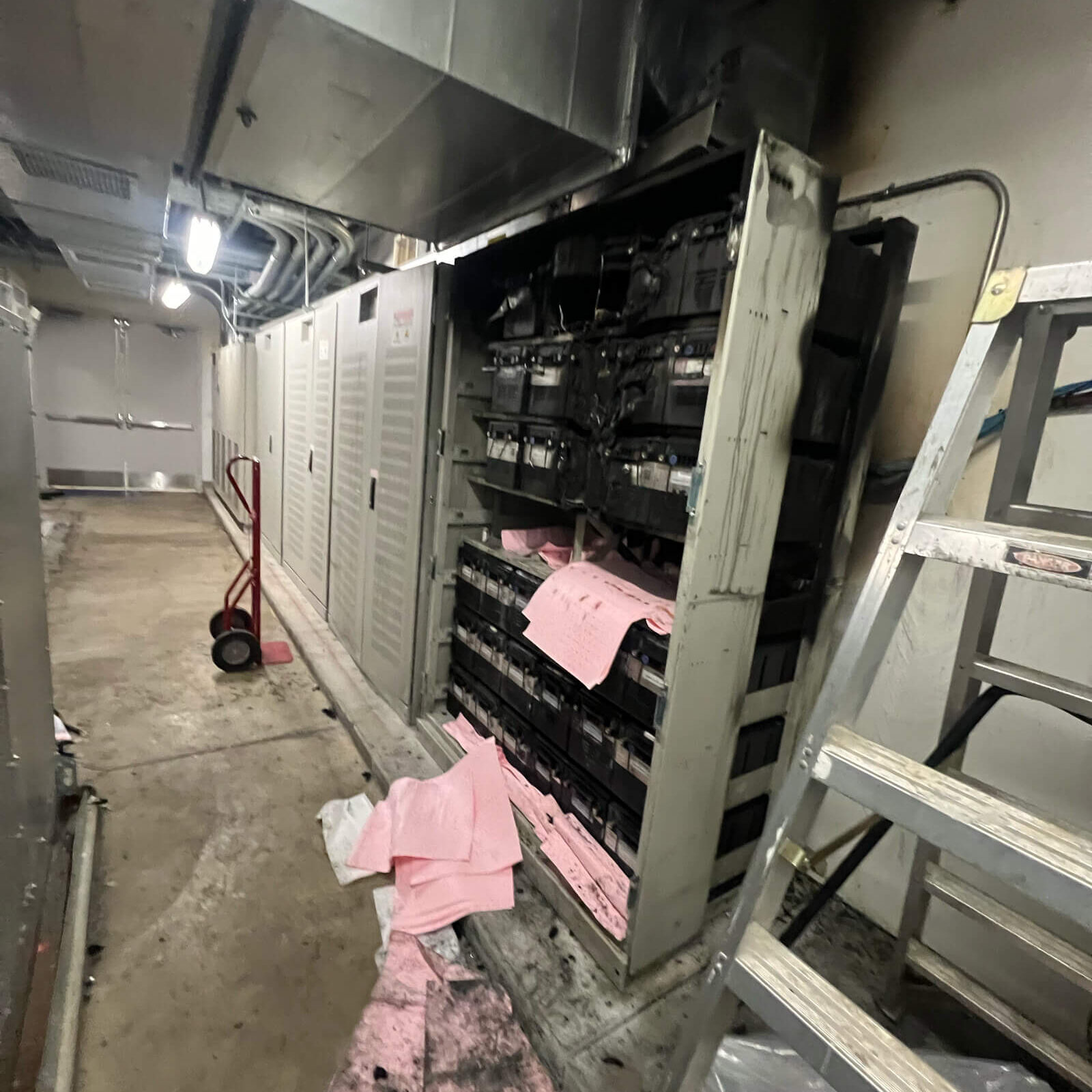 Assessment of a lithium-ion battery rack following combustion byproduct incidents.
